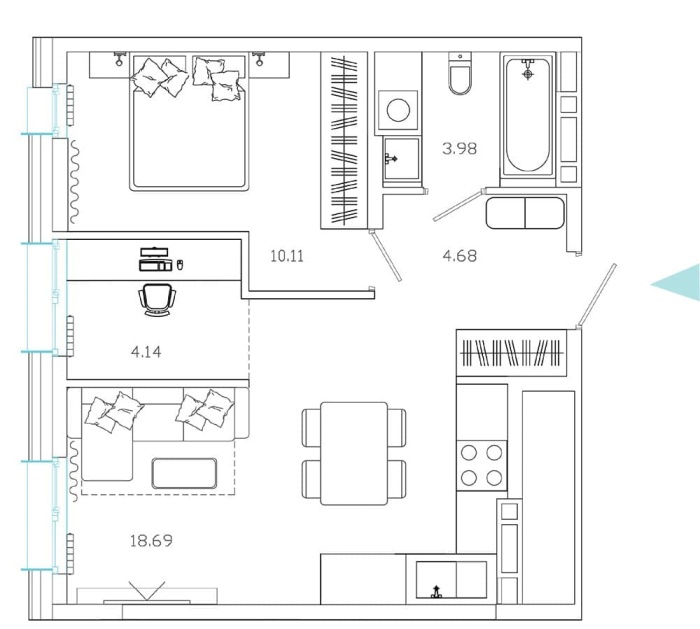 2-комнатная, 42.31 м² в Эмоции