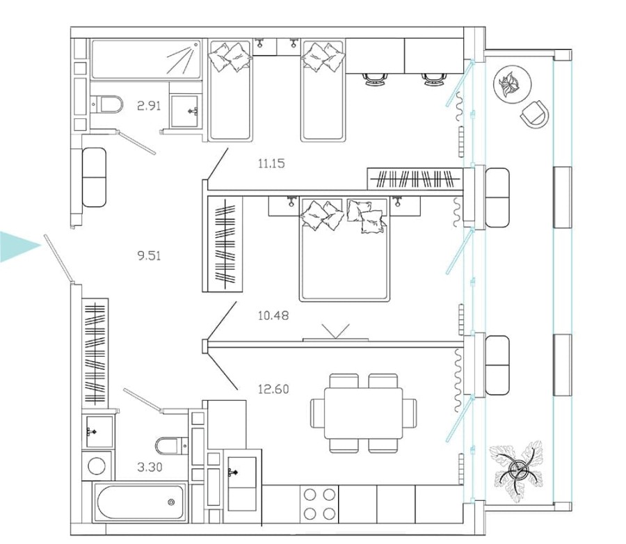 3-комнатная, 55.93 м² в Эмоции