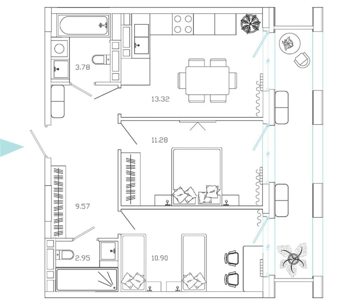 3-комнатная, 57.55 м² в Эмоции