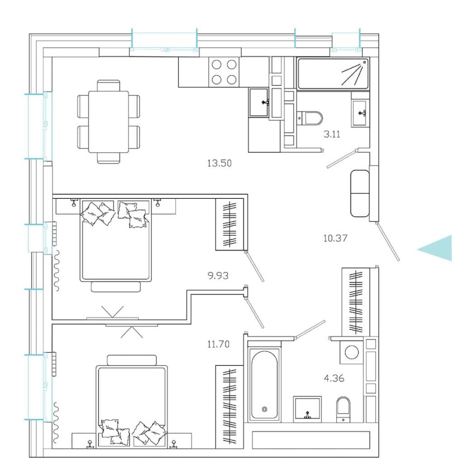 2-комнатная, 53.87 м² в Эмоции