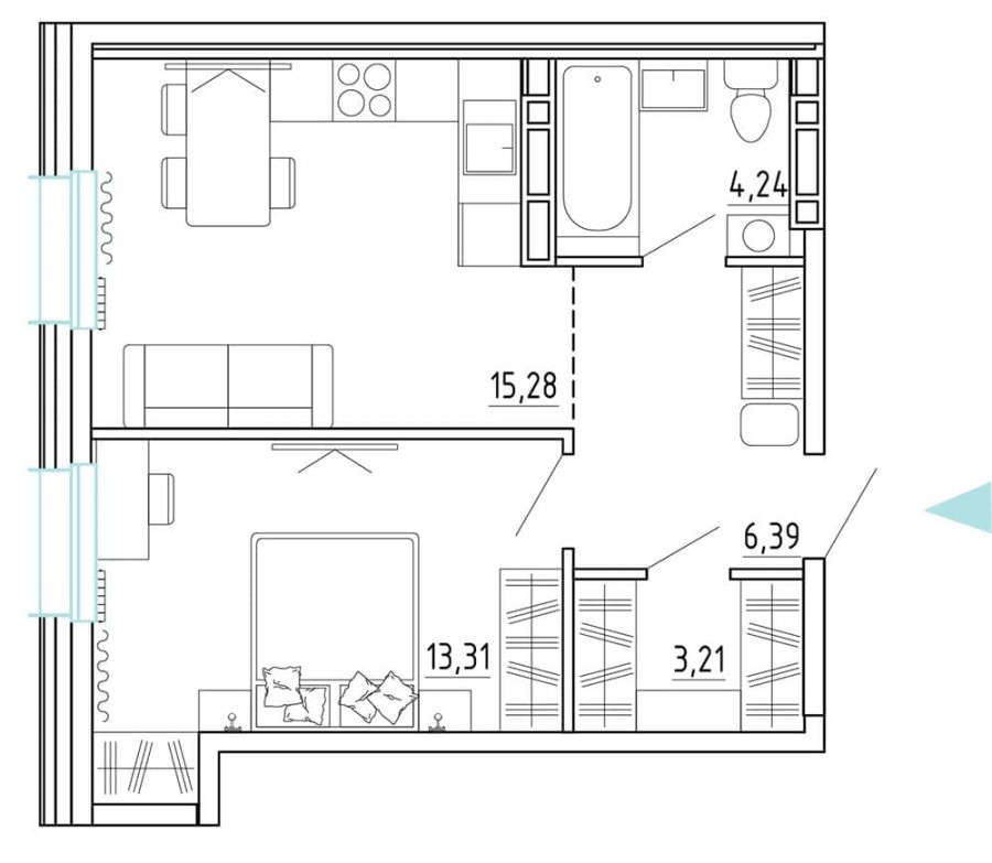 1-комнатная, 43.4 м² в Эмоции