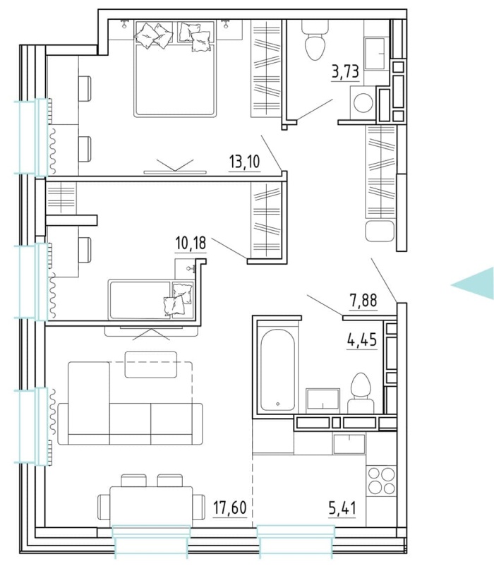 3-комнатная, 64.38 м² в Эмоции