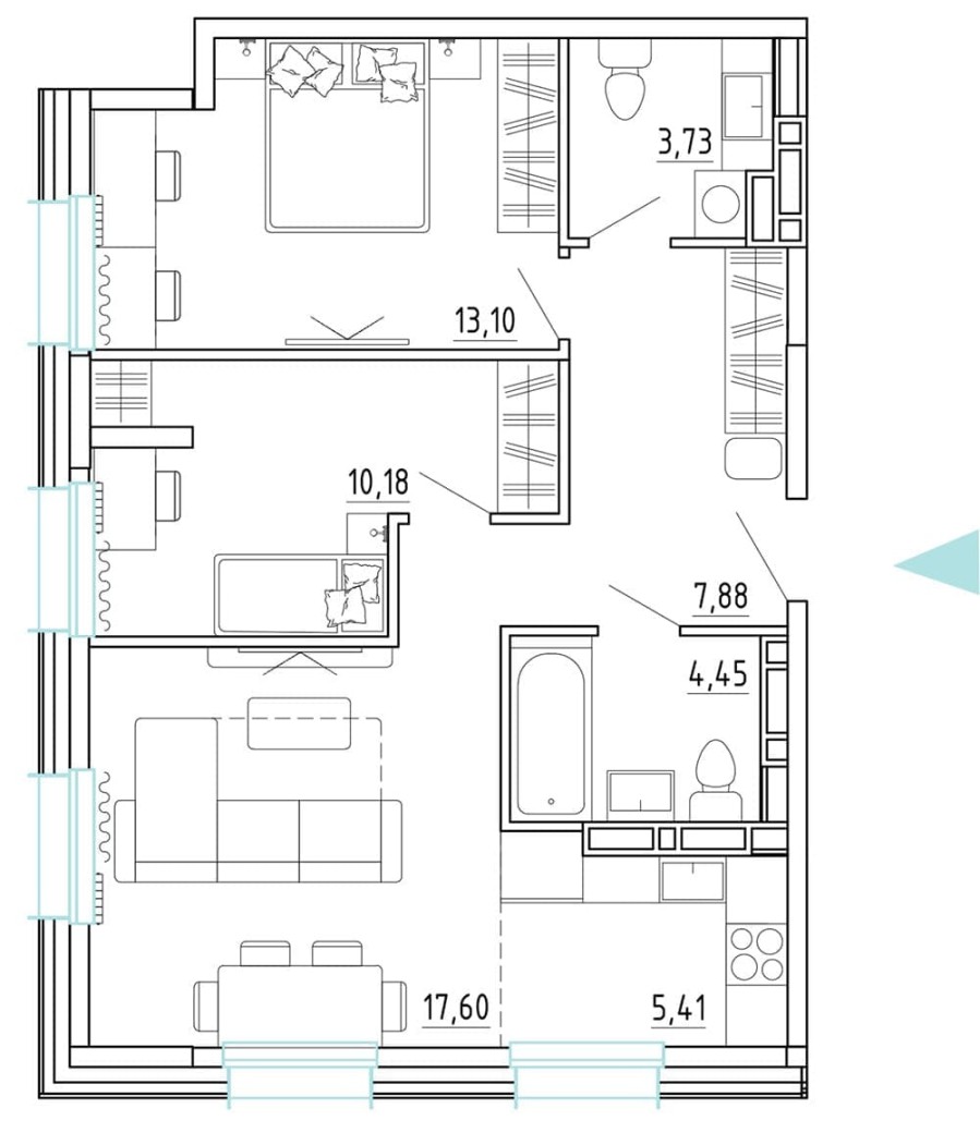 3-комнатная, 64.07 м² в Эмоции