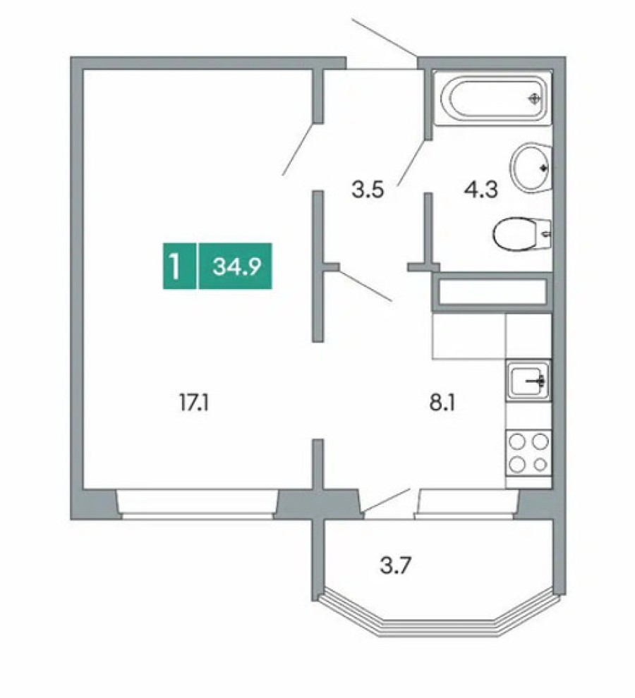 1-комнатная, 34.9 м² в Калейдоскоп