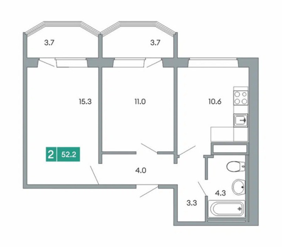 2-комнатная, 52.6 м² в Калейдоскоп