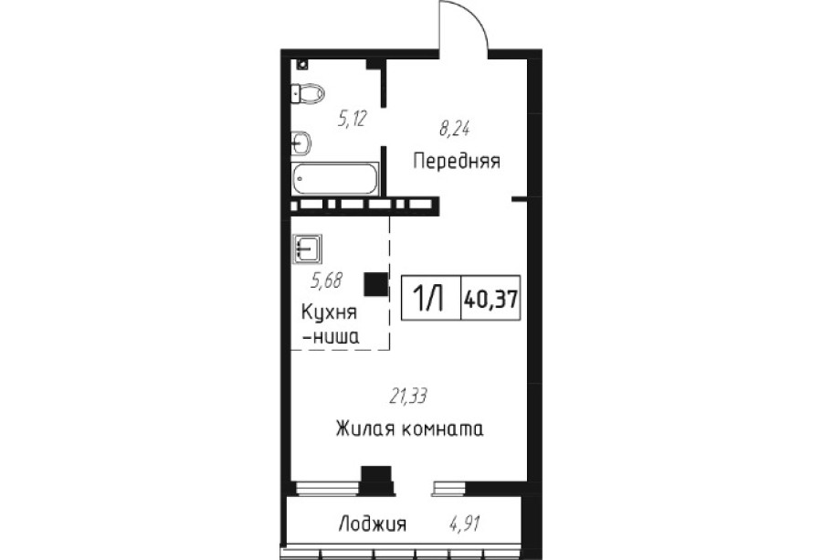 1-комнатная, 40.37  м² в Чайка