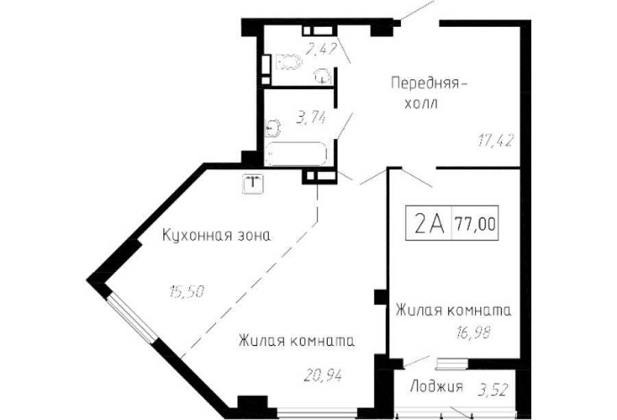 2-комнатная, 77.75 м² в Чайка