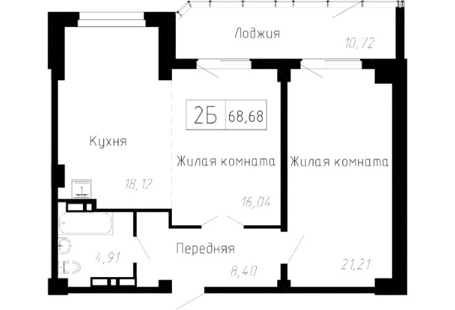 2-комнатная, 68.68 м² в Чайка