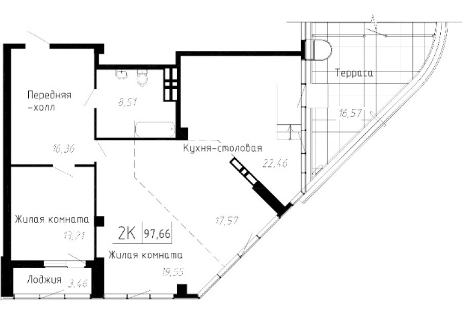 2-комнатная, 97.66 м² в Чайка